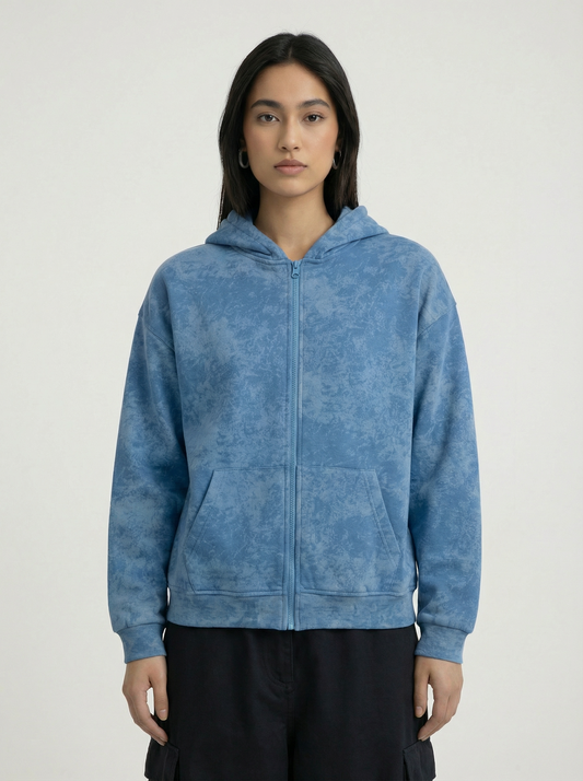 IKIGAI Blue Tie-Dye Zip-Up Hoodie - Boxy Fit